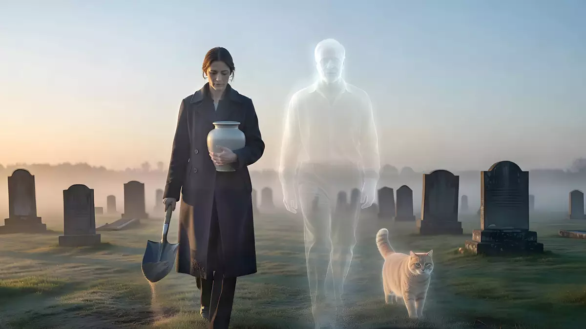 Friedhofszwang umgehen Deutschland – Frau mit Urne auf Friedhof bei früher Morgenstimmung