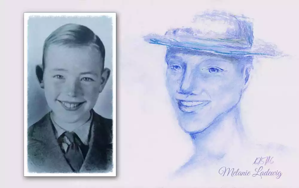 Spirit Guide Porträt eines verstorbenen Onkels als Erwachsener in monochrom blau mit übereinstimmendem Vergleichsfoto