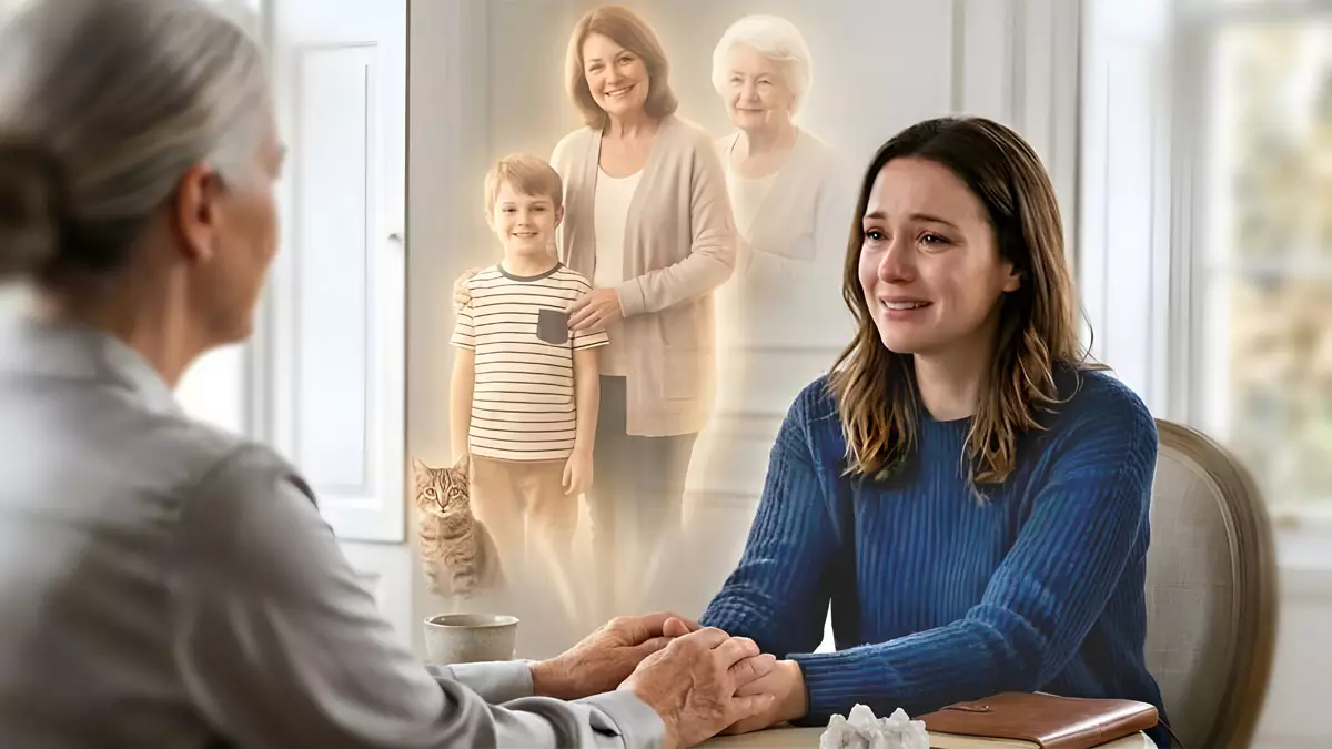 Einfühlsamer Jenseitskontakt in heller Praxis in Kiel: Eine Klientin hält die Hände eines Mediums, während sanft leuchtende verstorbene Angehörige zwischen ihnen erscheinen.