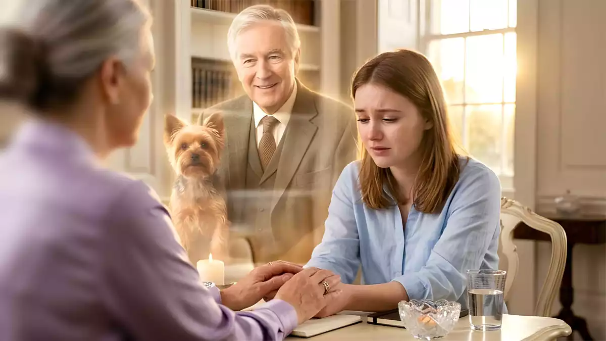 Jenseitskontakt Sitzung mit spirituellem Medium und Klientin, emotionale Verbindung zu verstorbenem Angehörigen, ruhige Atmosphäre