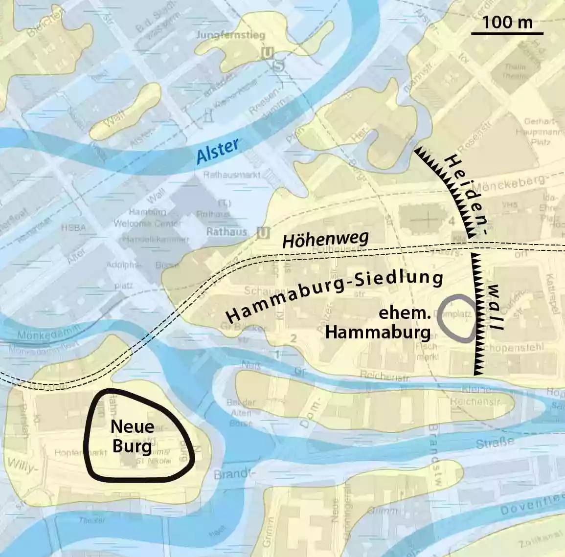Karte der historischen Hammaburg in Hamburg – Lage der frühen Siedlung an Alster und Elbe