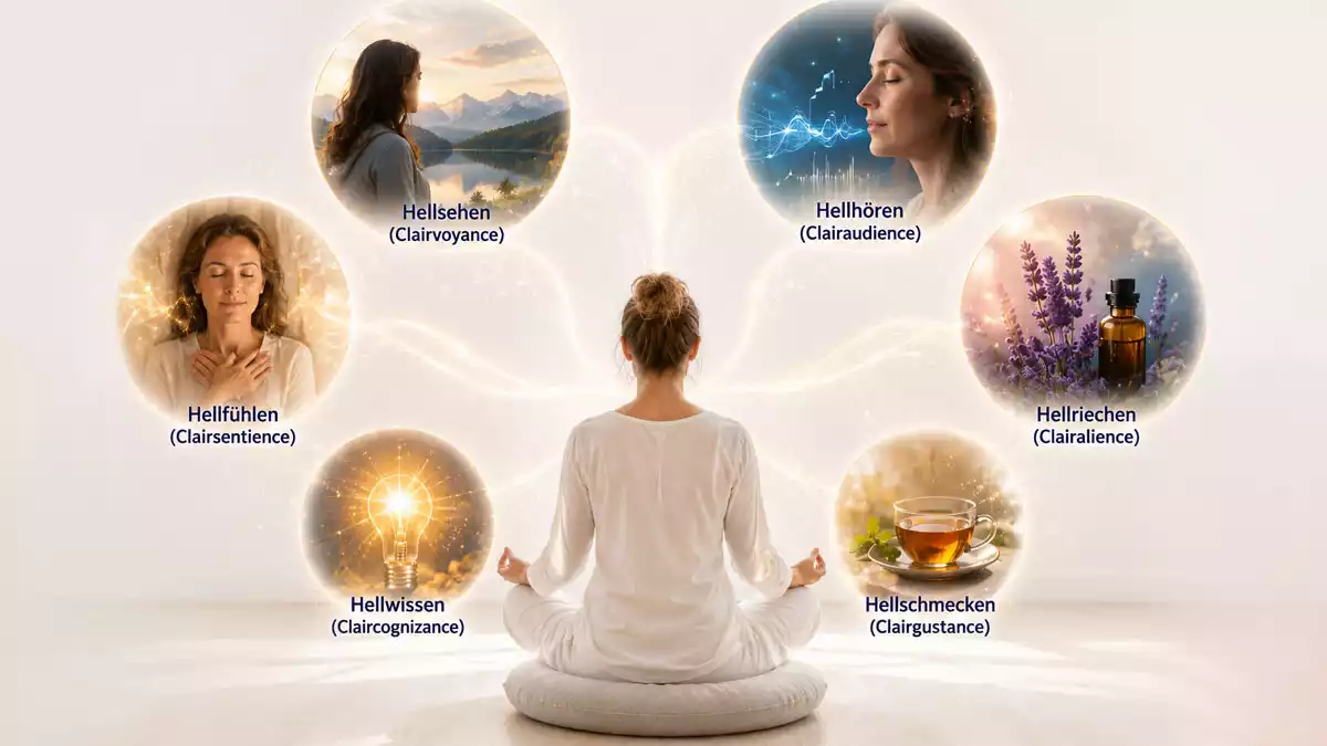 Frau in ruhiger Meditation entwickelt ihre intuitive Wahrnehmung und Hellsinne